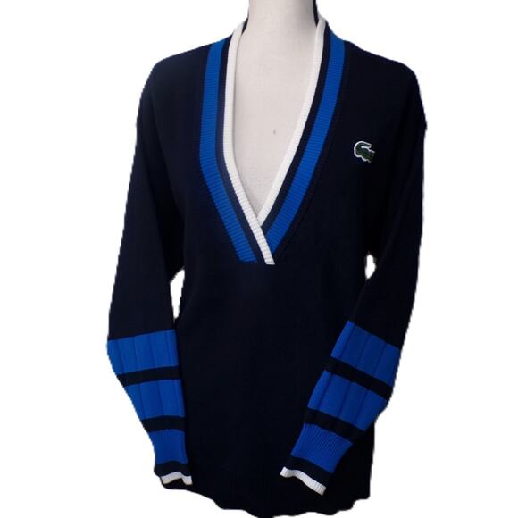Lacoste V Sweater M Oversized Navy Color Block Tennis Jumper Big Alligator - Picture 3 of 16